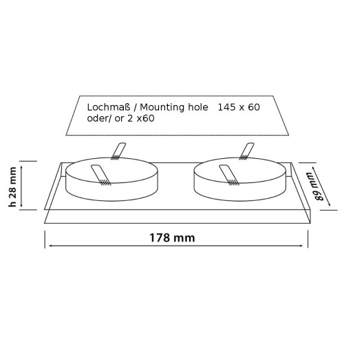 Mounting frame / ceiling mounting ring, downlight, square, glass - aluminum, silver, 2x GU10 MR16 GU5.3, ideal for LED, 246401