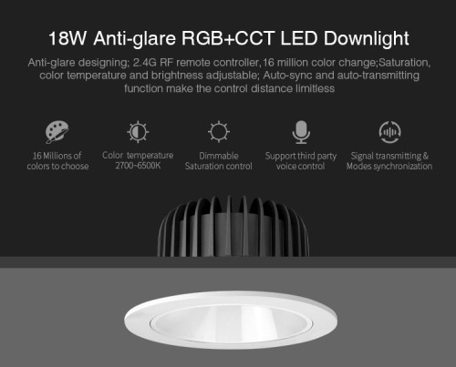 Mi-Light / MIBOXER/ Anti-glare RGB+CCT LED Downlight  / 18W,  Lumen: 1200lm, Beam angle: 60 °, RGB: 16 million colors, CCT: 2700 ~ 6500K, Hole size: 120 ~ 125mm /  FUT072