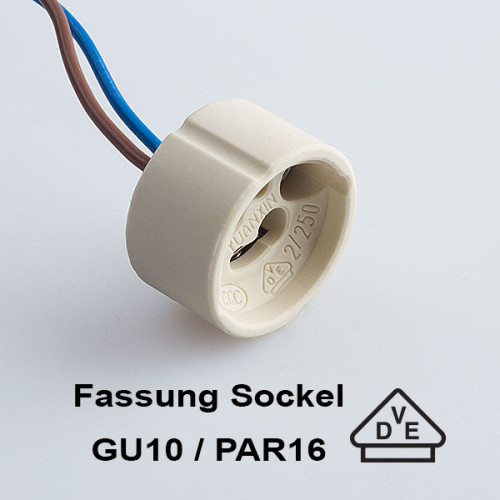 GU10 Fassung Sockel Hochvolt Keramik 190-230V ideal f&uuml;r LED, mit 13 cm Kabel, VDE